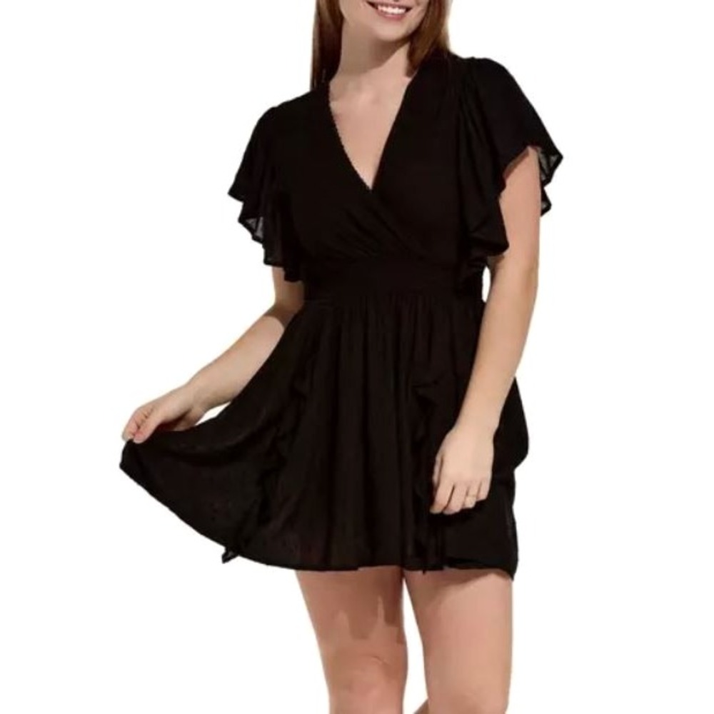 Angie Women's Short Flutter Sleeve V-Neck Swiss Dot Tiered Mini Dress in Black L